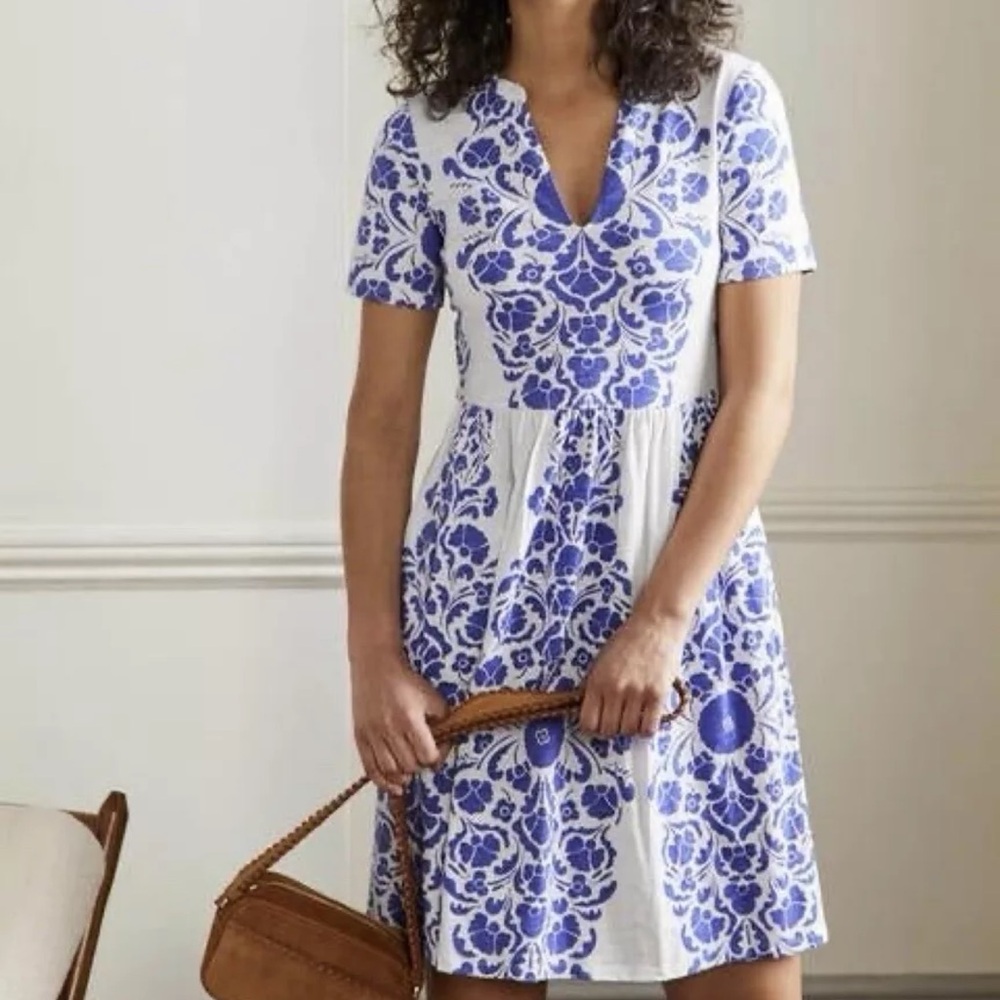 Boden Easy Notch Neck Blue Floral Short Sleeve Jersey Midi Dress Size 4L - NWT
